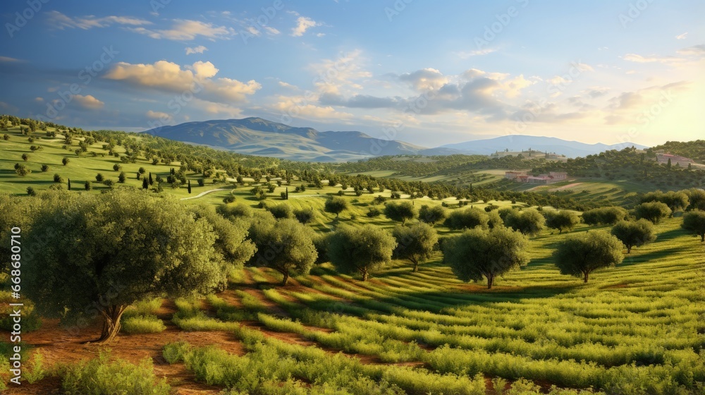 Green olive trees farmland, agricultural landscape with olives plant among hills, olive grove garden, large agricultural areas of olive trees