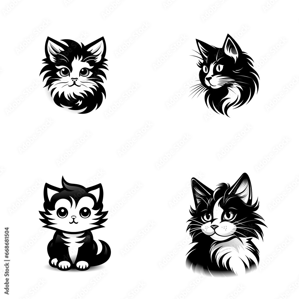 Kitten logo, modern black and white cartoon style, for design, on white background.