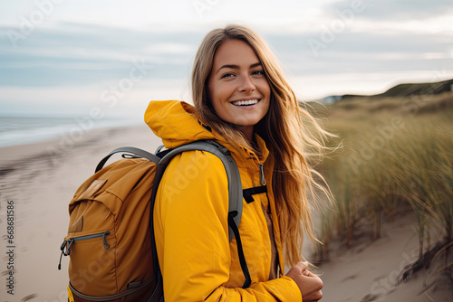 Young woman with backpack enjoying an adventurous walk by the sea in the autumn season.