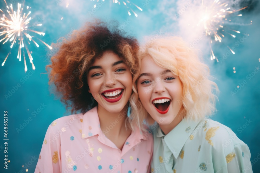 Φωτογραφία Joyful anticipation fills the air as two women clad in vibrant holiday clothing