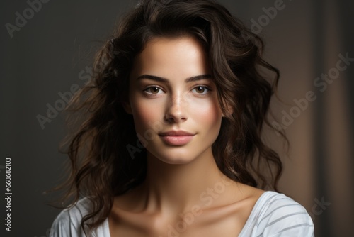 Confident woman with happy eyes and curly long hair. Generated AI