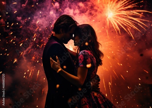 As the sparks danced around them, the couple embraced in a joyful celebration of the new year, their colorful clothing blending with the dazzling display of fireworks on the starry night sky