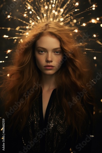 As the clock struck midnight on new year's eve 2024, a fiery-haired woman danced among the sparkling fireworks, exuding pure joy and radiating a fierce sense of fashion in her portrait of celebration