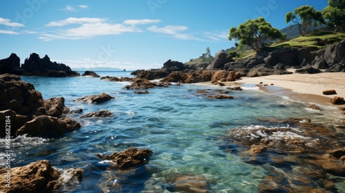 A rocky beach with blue water. Generative AI.