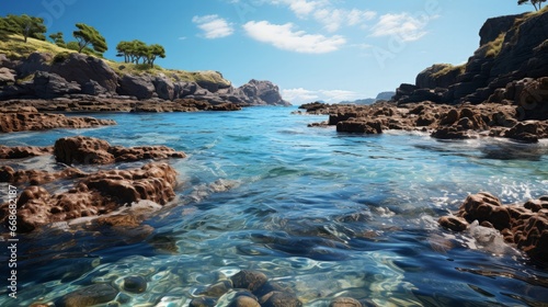 A rocky beach with blue water. Generative AI. © ProVector
