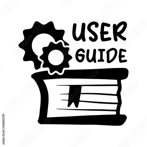 Hand drawn doodle user guide icon isolated on white background. Simple vector web app settings sign. Guidebook manual and gears.