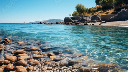 A rocky beach with blue water. Generative AI.