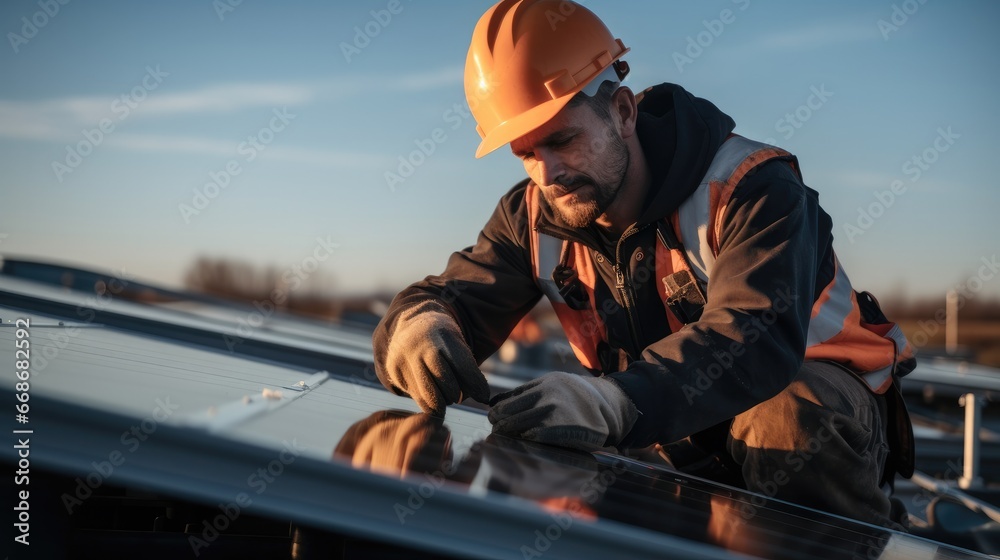 Worker is installing solar panels on roof at construction site.