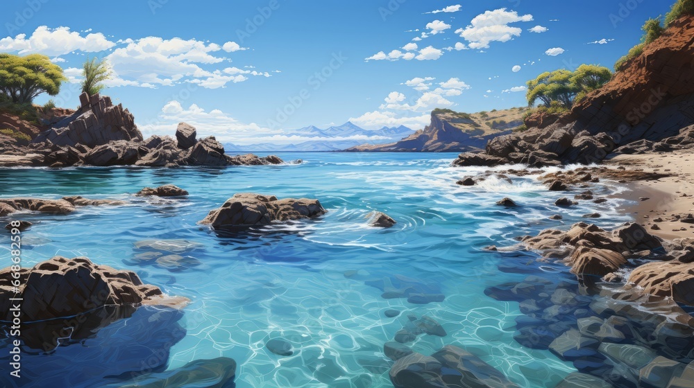 A rocky beach with blue water. Generative AI. A rocky beach with blue water. Generative AI.