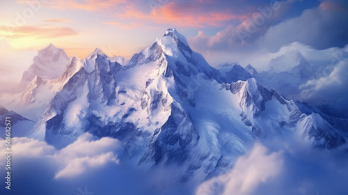 Aerial view of snow-covered mountain peaks at sunrise, aerial photography, soft morning light, panoramic view. View on rocky mountains covered with snow. Beautiful alpine nature view. Alpine theme. photo