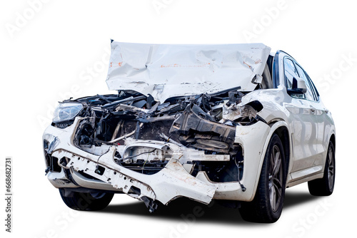 PNG Format,Full body front and side view of white car get damaged by accident on the road. damaged cars after collision. Isolated on transparent background with clipping path, car crash broken © ISENGARD