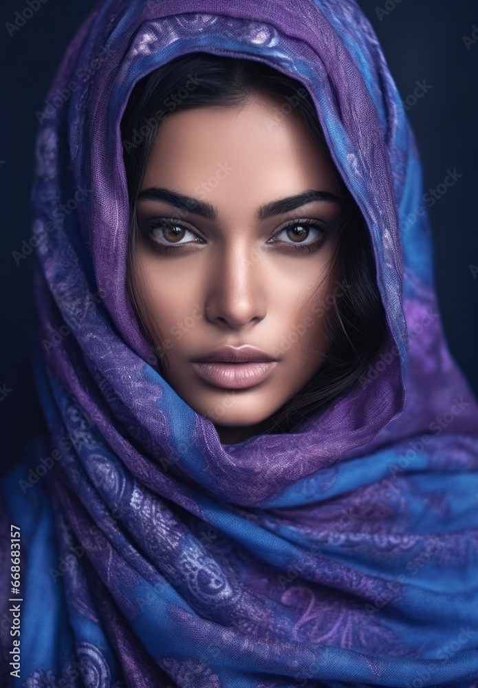 Naklejka premium close-up portrait of a beautiful young woman with makeup. fashionable model in oriental style.