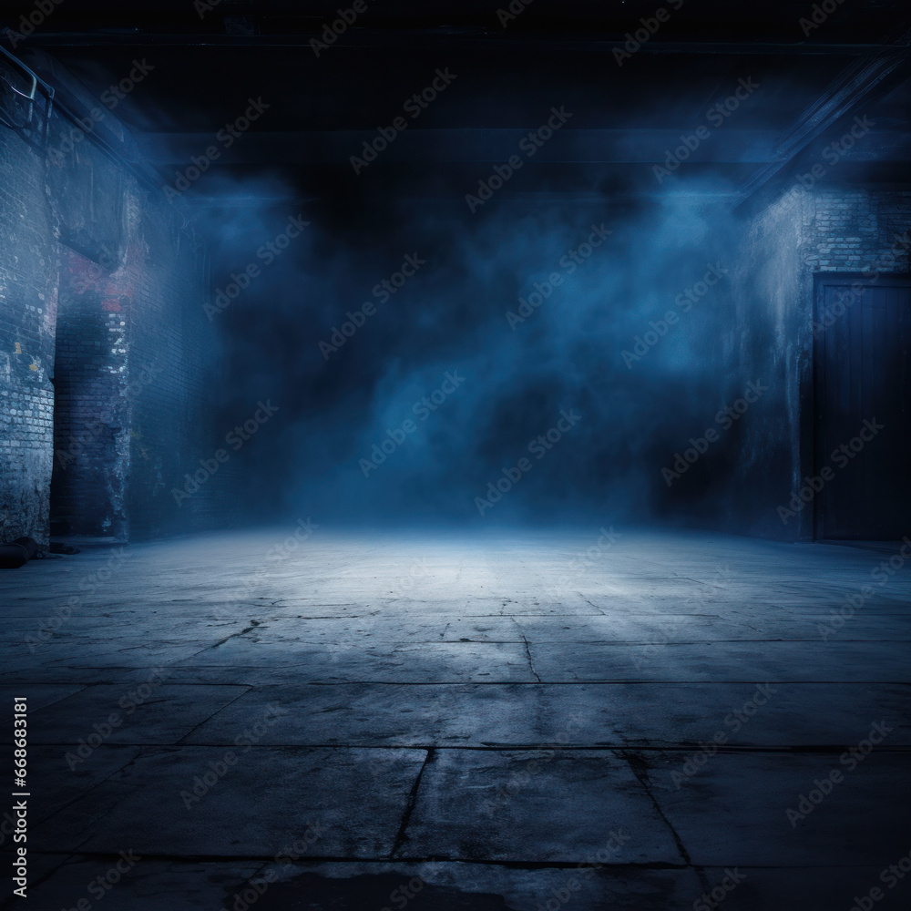 dark empty street, dark blue background, an empty dark scene, neon light, spotlights The asphalt floor and studio room with smoke float up the interior texture. night view Generative AI - obrazy, fototapety, plakaty 