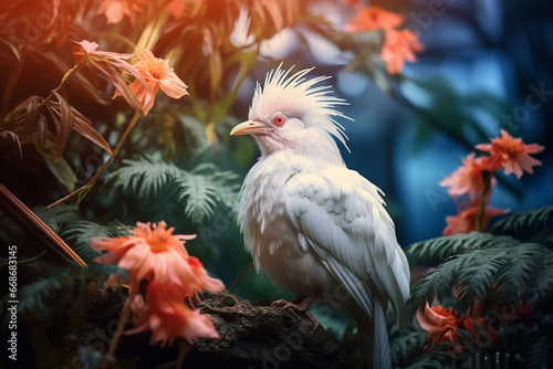 Pássaro branco na floresta tropical com iluminação azul - Papel de parede © vitor