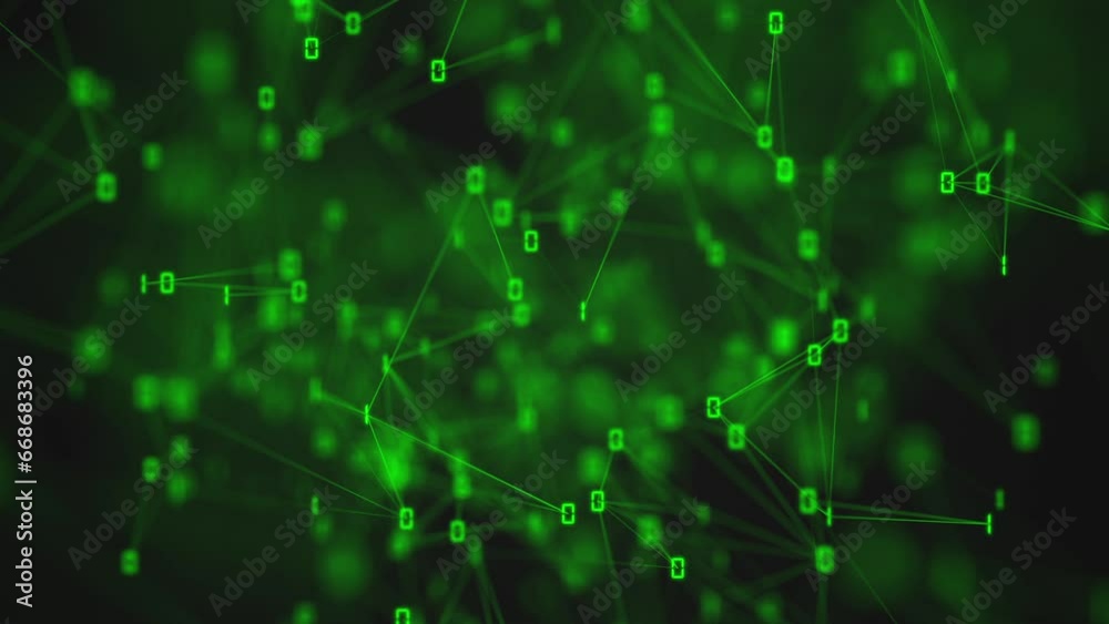 Green binary code background with glowing ones and zeros connected by a plexus network. This digital data connection technology concept background animation is full HD and a seamless loop.