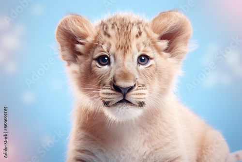 Filhote de leão fofo no fundo azul claro - Papel de parede © vitor