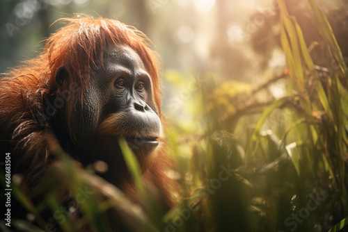 Orangotango na floresta tropical com iluminação do sol - Papel de parede 