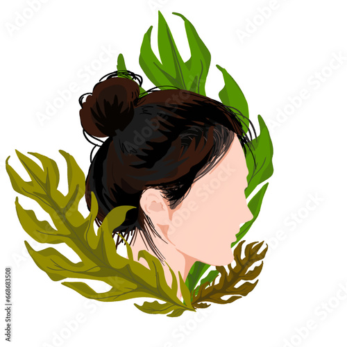 Women's head icons are shrouded in leaves, without background photo