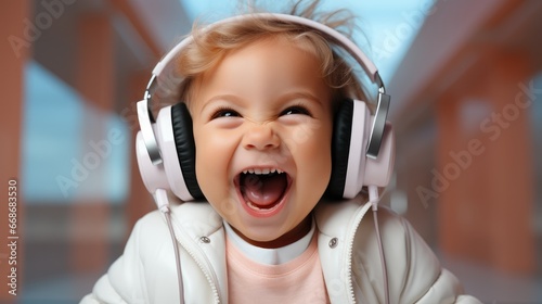 Cute baby wearing headphones to listen to music, cheerful, surprised.