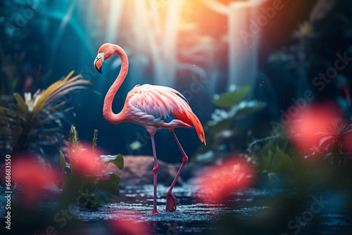 Flamingo rosa na floresta tropical com ilumina    o azul - Papel de parede