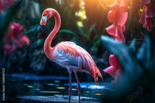 Flamingo rosa na floresta tropical com ilumina    o azul - Papel de parede