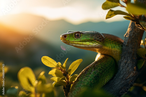 Cobra verde em cima do galho de uma arvore com a luz do por do sol - Papel de parede