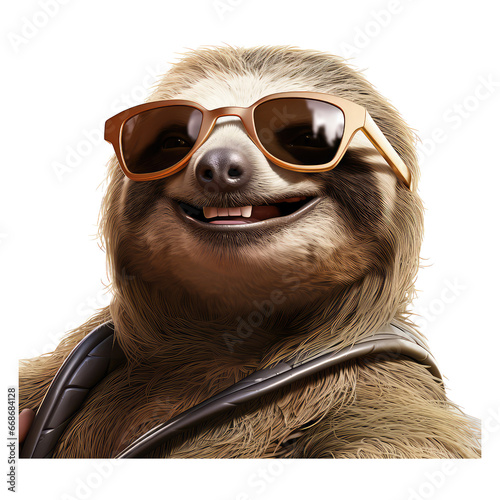 smiling sloth wearing sunglasses on transparent background