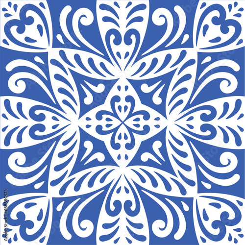 Pattern blue and white. Original traditional Portuguese and Spain decor.Seamless pattern tile with Victorian motives. Ceramic tile in talavera style. Ornamental blue and white patterns for any decor.