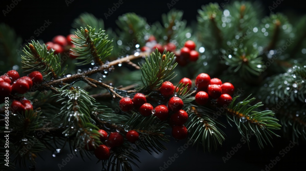 Christmas tree branches with a garland on a black background. Generative AI.