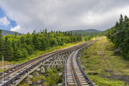 Part with double track on the cog railway on Mt Washington, New Hampshire, USA
