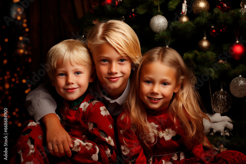 Three children in front of the Christmas tree. Family traditions. Waiting for a Christmas miracle