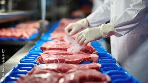 Meat worker gathering packed meat on a conveyor belt at factory. photo