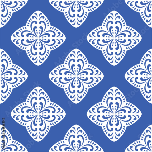 Pattern blue and white. Original traditional Portuguese and Spain decor.Seamless pattern tile with Victorian motives. Ceramic tile in talavera style. Ornamental blue and white patterns for any decor. © Lex_Sky