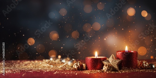 Background image, red christmas burning candles with golden ornaments, snowflakes, glitter on glittery backdrop, allow copy space.