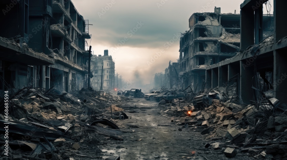 Empty city with destroyed houses, Collapsed buildings, War victim. - obrazy, fototapety, plakaty 