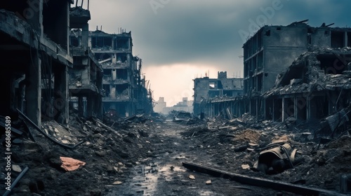 Empty city with destroyed houses, Collapsed buildings, War victim.