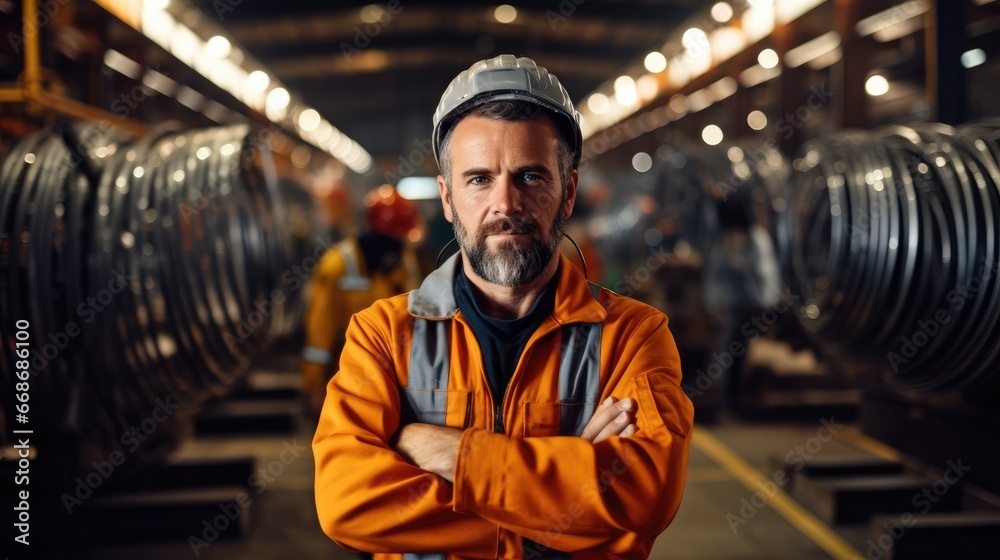 Pipes in row with workers in steel factory. Pipes in row with workers in steel factory.
