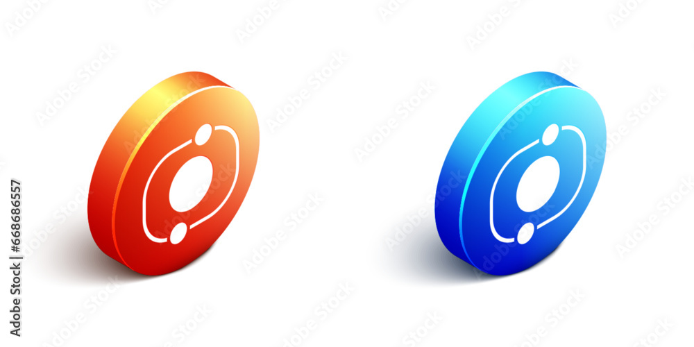 Isometric Solar system icon isolated on white background. The planets revolve around the star. Orange and blue circle button. Vector Isometric Solar system icon isolated on white background. The planets revolve around the star. Orange and blue circle button. Vector