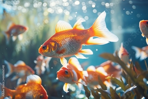 Fishes in an aquarium. Background with selective focus and copy space