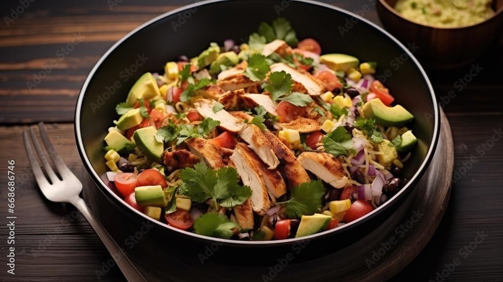 Italian rotisserie chicken salad in black bowl.