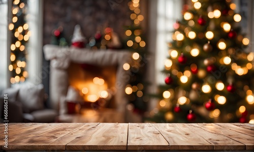Empty table  blurred Christmas background