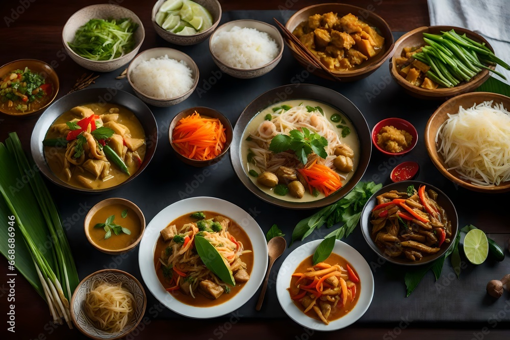 A traditional Thai feast on a dining table, featuring an assortment of dishes like green curry, massaman curry, Som Tum (papaya salad), and Thai jasmine rice A traditional Thai feast on a dining table, featuring an assortment of dishes like green curry, massaman curry, Som Tum (papaya salad), and Thai jasmine rice