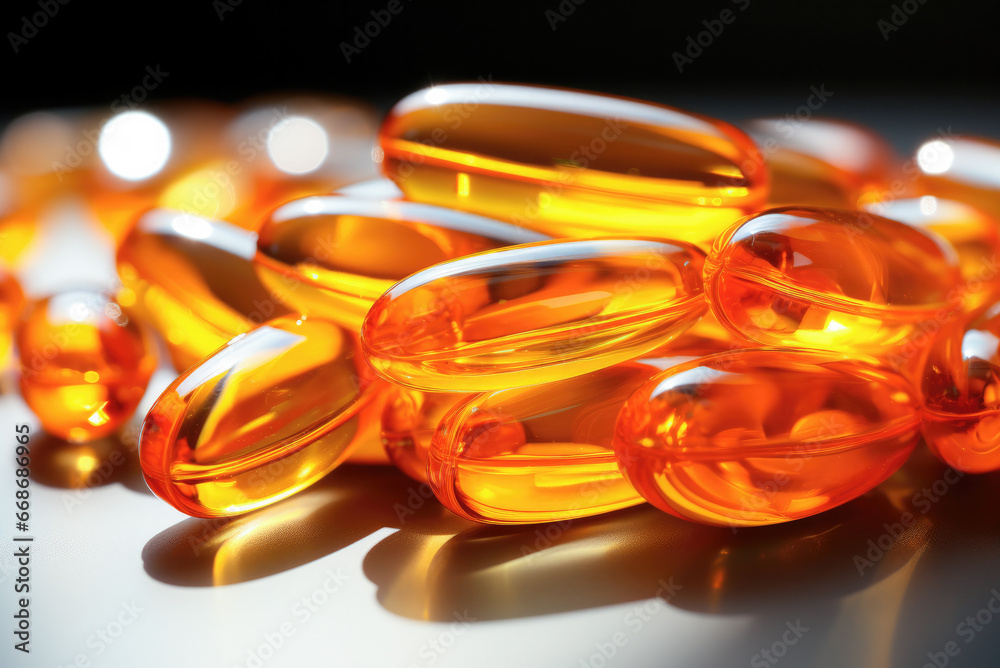 Golden Vitamin D3 capsules close-up on table