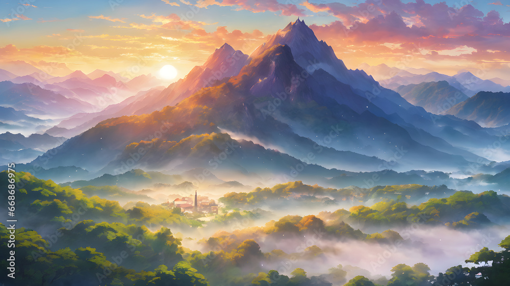 Sunset Beautiful Mountain Landscape Illustration,Scenic View with a Sky Background