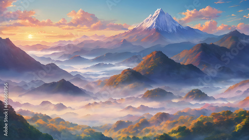 Sunset Beautiful Mountain Landscape Illustration,Scenic View with a Sky Background