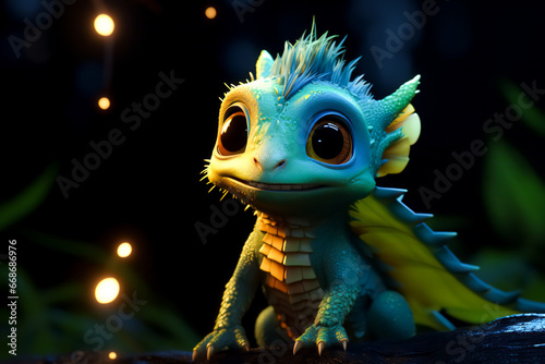 A cute little baby dragon sits on a tree and looks at the lights. Atmosphere of miracle and holiday anticipation, copy space