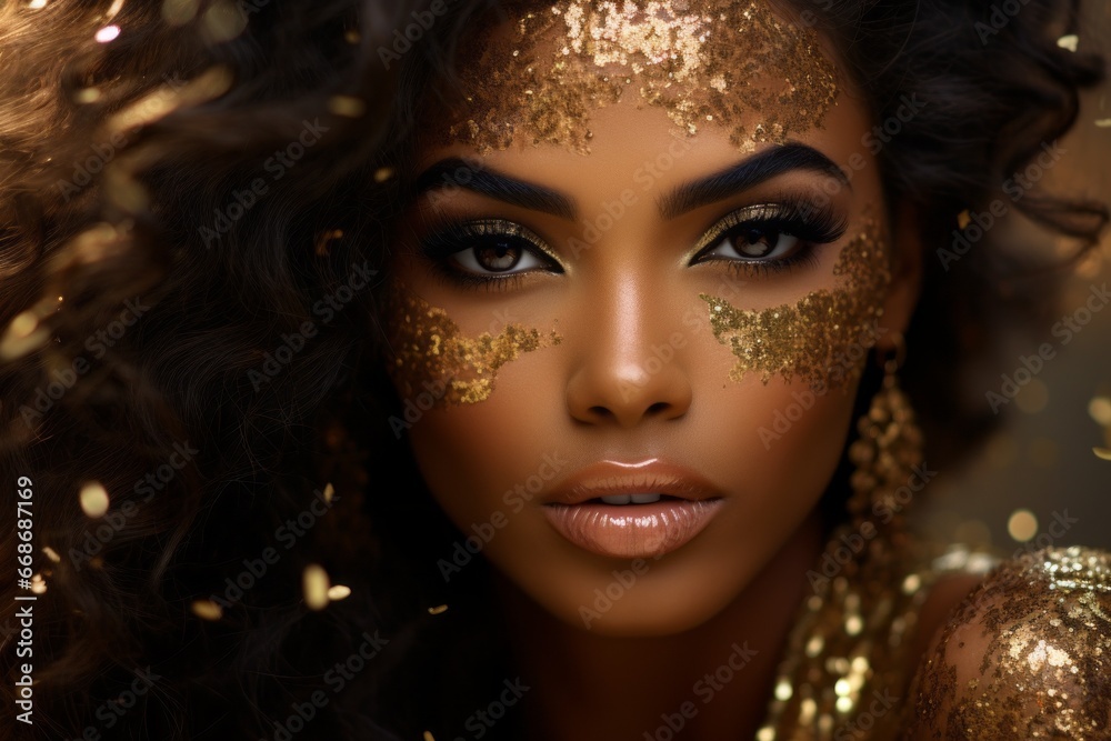 Model with gold glitter on her face. Creative portrait with selective focus and copy space