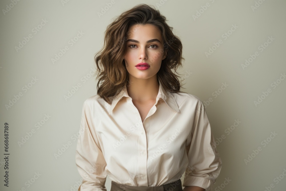 A female journalist in an office against a plain wall. Portrait with selective focus and copy space A female journalist in an office against a plain wall. Portrait with selective focus and copy space