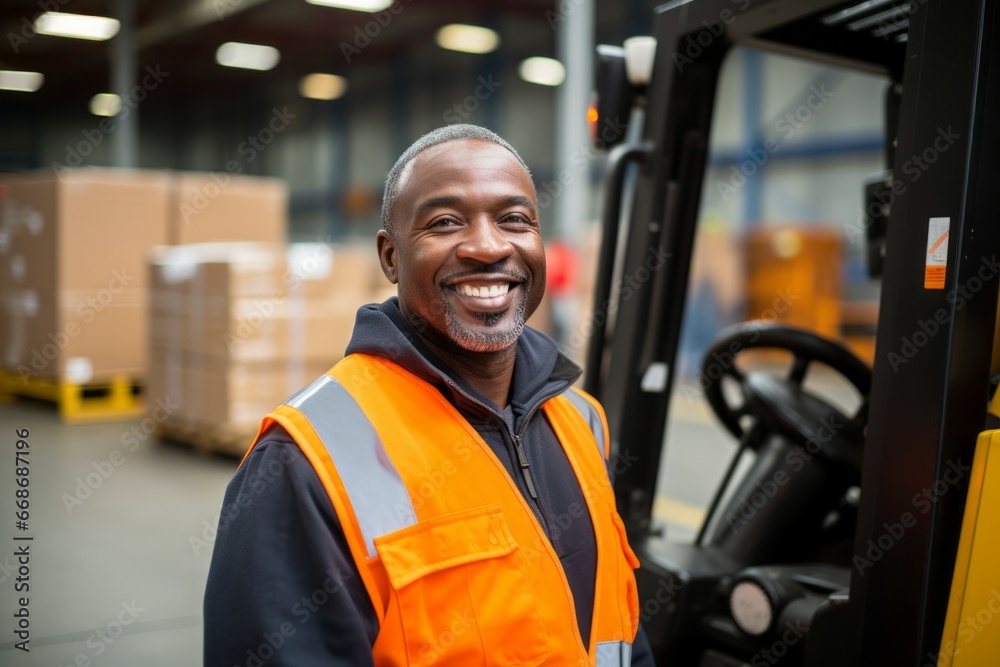 Male forklift driver. Concept of top in demand profession. Portrait with selective focus and copy space Male forklift driver. Concept of top in demand profession. Portrait with selective focus and copy space