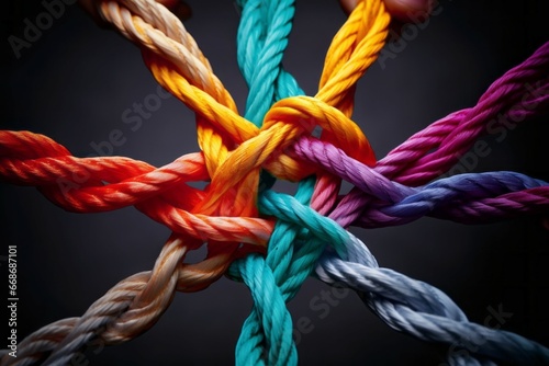 Different ropes are woven into a knot. Teamwork concept. Background with selective focus and copy space